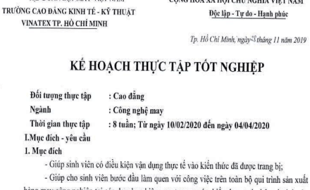 Kế hoạch thực tập tốt nghiệp năm học 2019 – 2020, Ngành Công nghệ may
