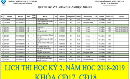 Lịch thi học kỳ 2, năm học 2018-2019, khóa CĐ17 và CĐ18