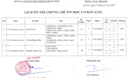 Lịch ôn thi chứng chỉ Tin học tại Trụ sở chính, ngày 17/01/2026
