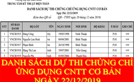 Lịch thi và Danh sách dự thi chứng chỉ Ừng dụng Công nghệ thông tin Cơ bản