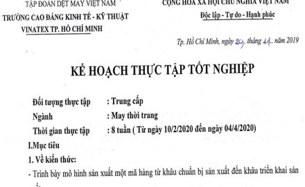 Kế hoạch thực tập tốt nghiệp năm học 2019 – 2020, Ngành May thời trang