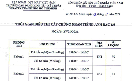 Danh sách dự thi cấp chứng nhận Tiếng Anh bậc 1/6 ngày 27/01/2021