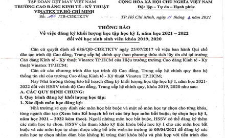 Thông báo đăng ký học phần học kỳ I, năm học 2021-2022