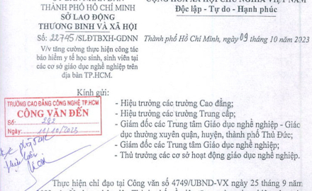 V/v tăng cường thực hiện công tác bảo hiểm y tế học sinh, sinh viên tại các cơ sở giáo dục nghề nghệp trên địa bàn TP.HCM