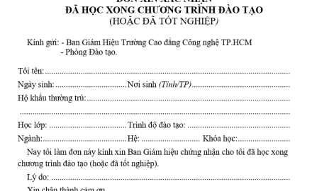 ĐƠN XIN XÁC NHẬN ĐÃ HỌC XONG CHƯƠNG TRÌNH ĐÀO TẠO
