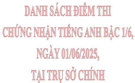 Danh sách điểm thi chứng nhận Tiếng Anh bậc 1/6, ngày 01/06/2025, tại Trụ sở chính