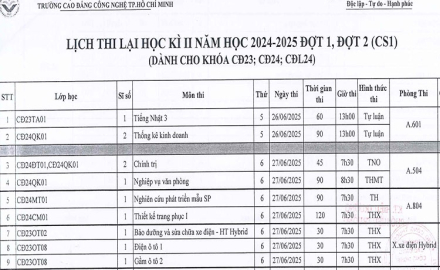 Thông báo, Lịch thi Lại, thi Cải thiện học kỳ II, năm học 2024 – 2025 (dành cho khoá CĐ23; CĐ24; CĐL24)