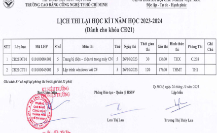 Lịch thi lại học kỳ I, năm học 2023 – 2024 (Dành cho khóa CĐ21)