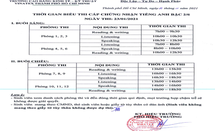 Danh sách dự thi cấp chứng nhận Tiếng Anh bậc 2/6 ngày 23/01/2021